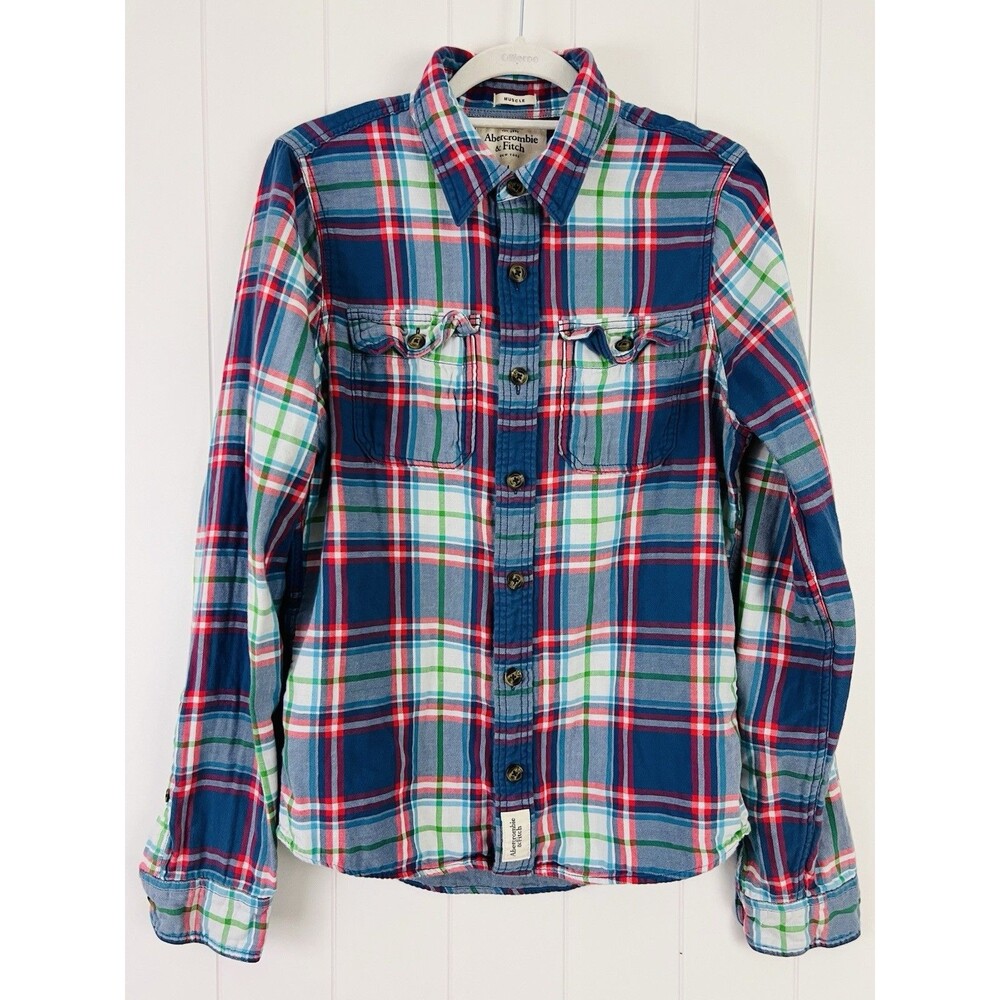 Abercrombie & Fitch Muscle Fit Long Sleeve Blue Plaid Flannel Shirt Mens Large